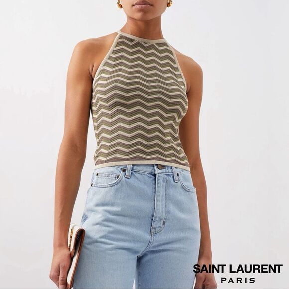 Saint Laurent **NWT** Chevron-Striped Halter Neck Top in Beige Green and Brown